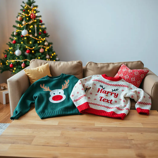 Two playful Christmas sweaters on a table beside a softly lit holiday tree