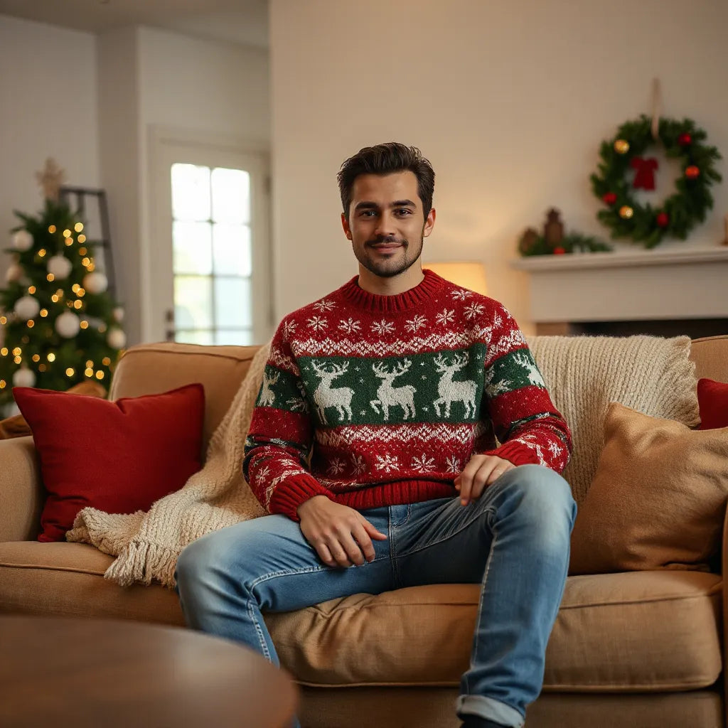Cozy vintage knit Christmas sweater on a person in a warm living room