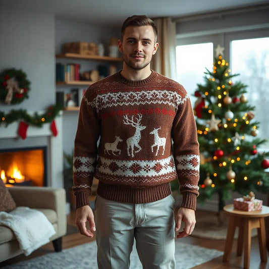 Man in a festive knit Christmas sweater standing beside a decorated tree in warm indoor lighting