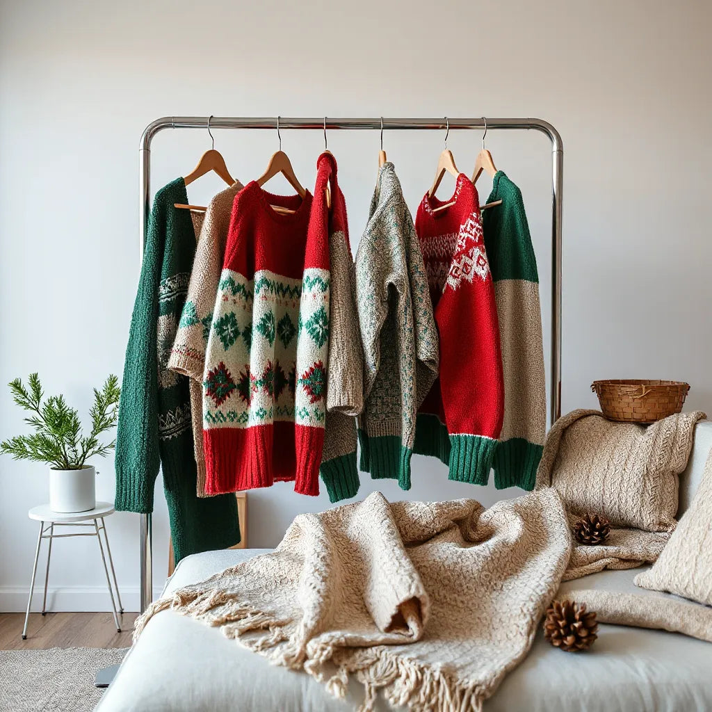 Cozy rack of patterned knitted Christmas sweaters in a warm living room setting