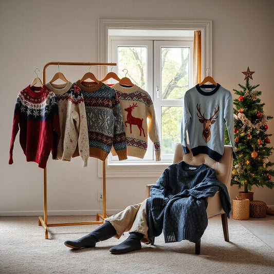 Colorful themed holiday knit sweaters with festive patterns in a cozy winter living-room setting