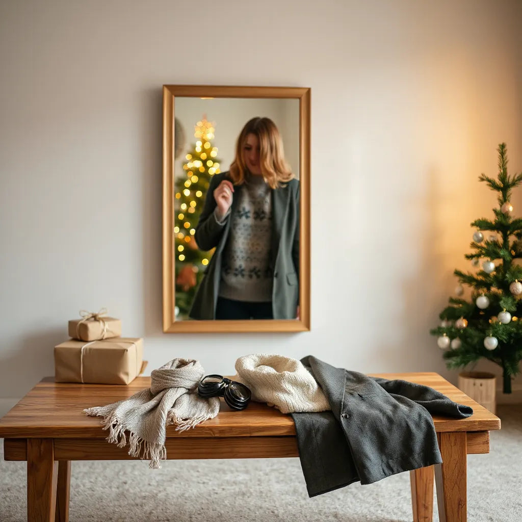 Person in a festive sweater and coat arranging accessories in a cozy holiday room