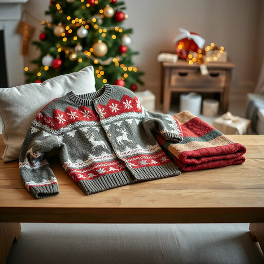 Cozy festive knit Christmas sweaters on a bench with a decorated tree softly glowing in the background
