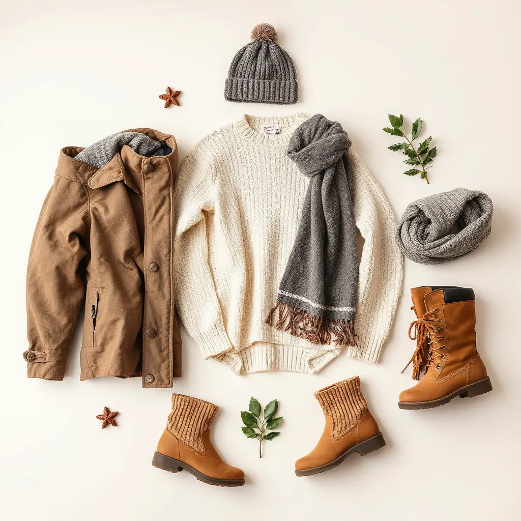 Layered winter clothing essentials laid out together: sweater, coat, scarf, beanie, boots, and socks.