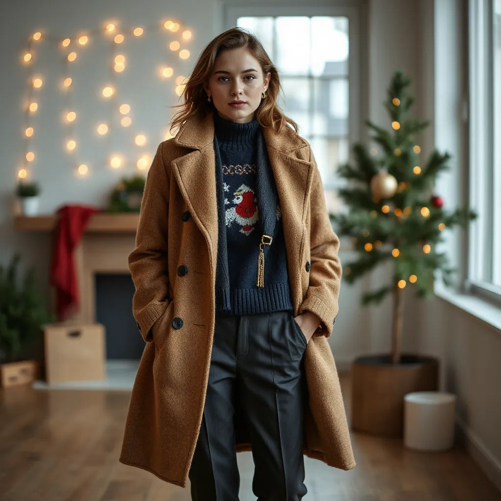 Model styling a festive sweater layered with a tailored coat and dark trousers against a softly lit holiday backdrop