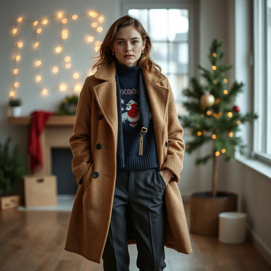 Model styling a festive sweater layered with a tailored coat and dark trousers against a softly lit holiday backdrop