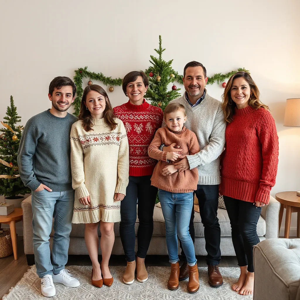 Coordinated family members wearing cozy knit sweaters in a warm holiday living room