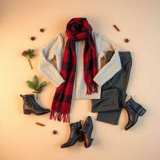 Cozy festive sweater outfit with scarf and boots arranged on a warm neutral background