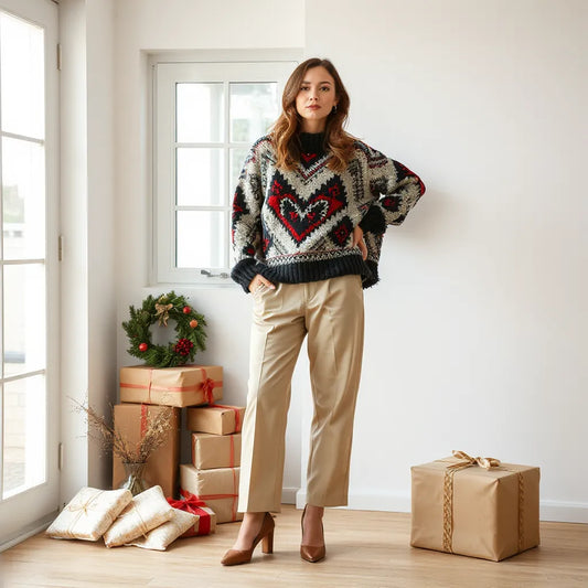 Model in distinctive festive holiday apparel with minimal holiday decor in soft window light