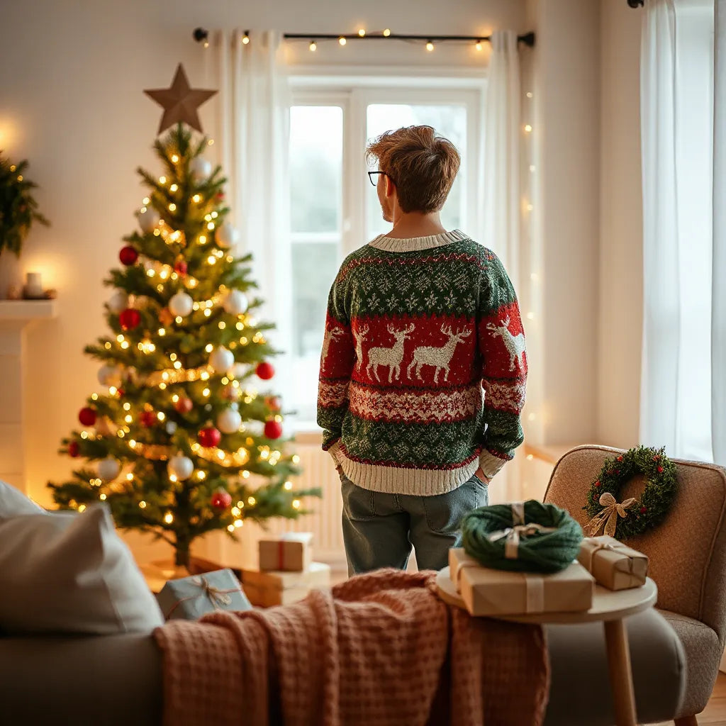 Cozy person wearing a festive holiday knit sweater near a decorated Christmas tree with warm lights