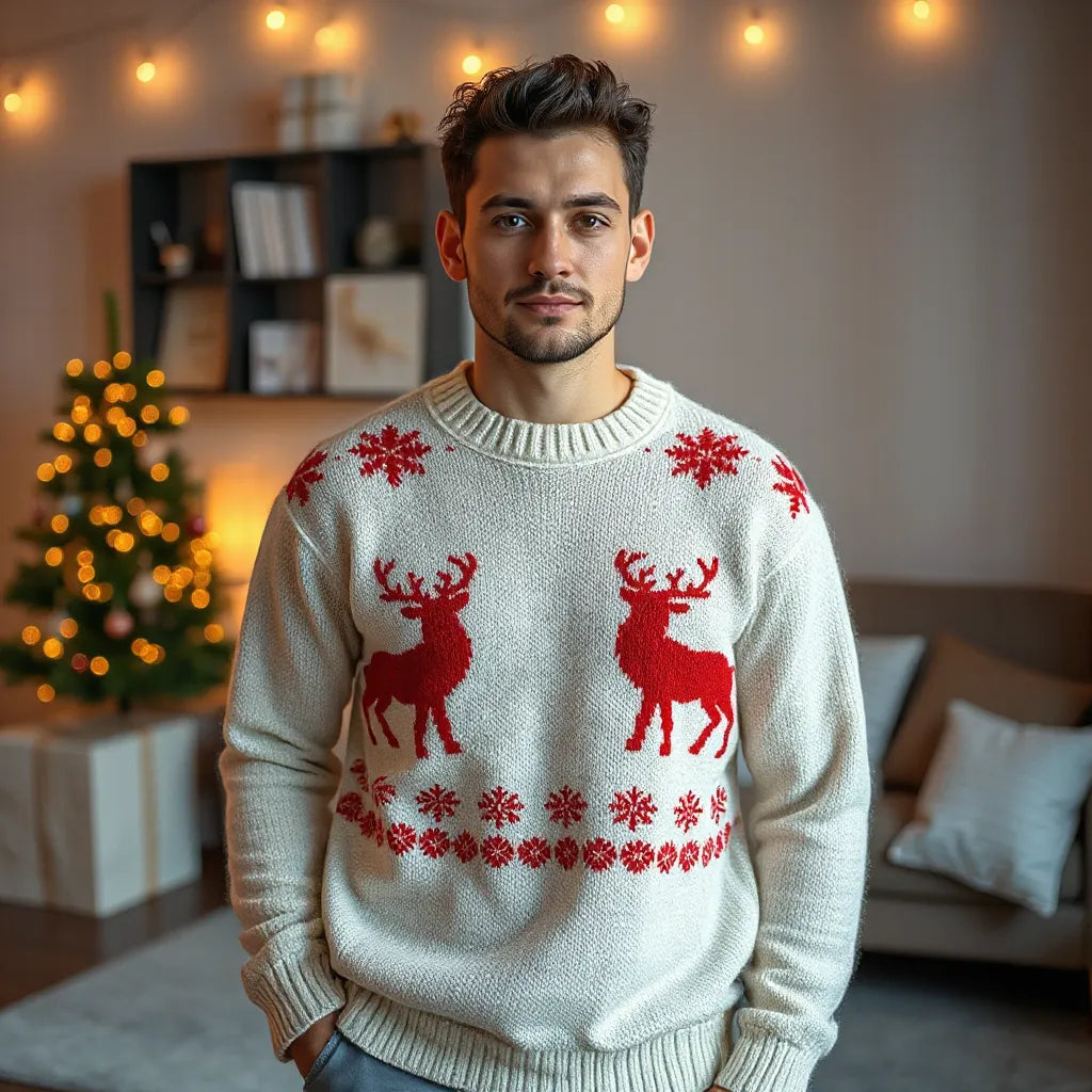 Cozy custom Christmas sweater on a model with festive knitted pattern in a warm holiday living-room setting