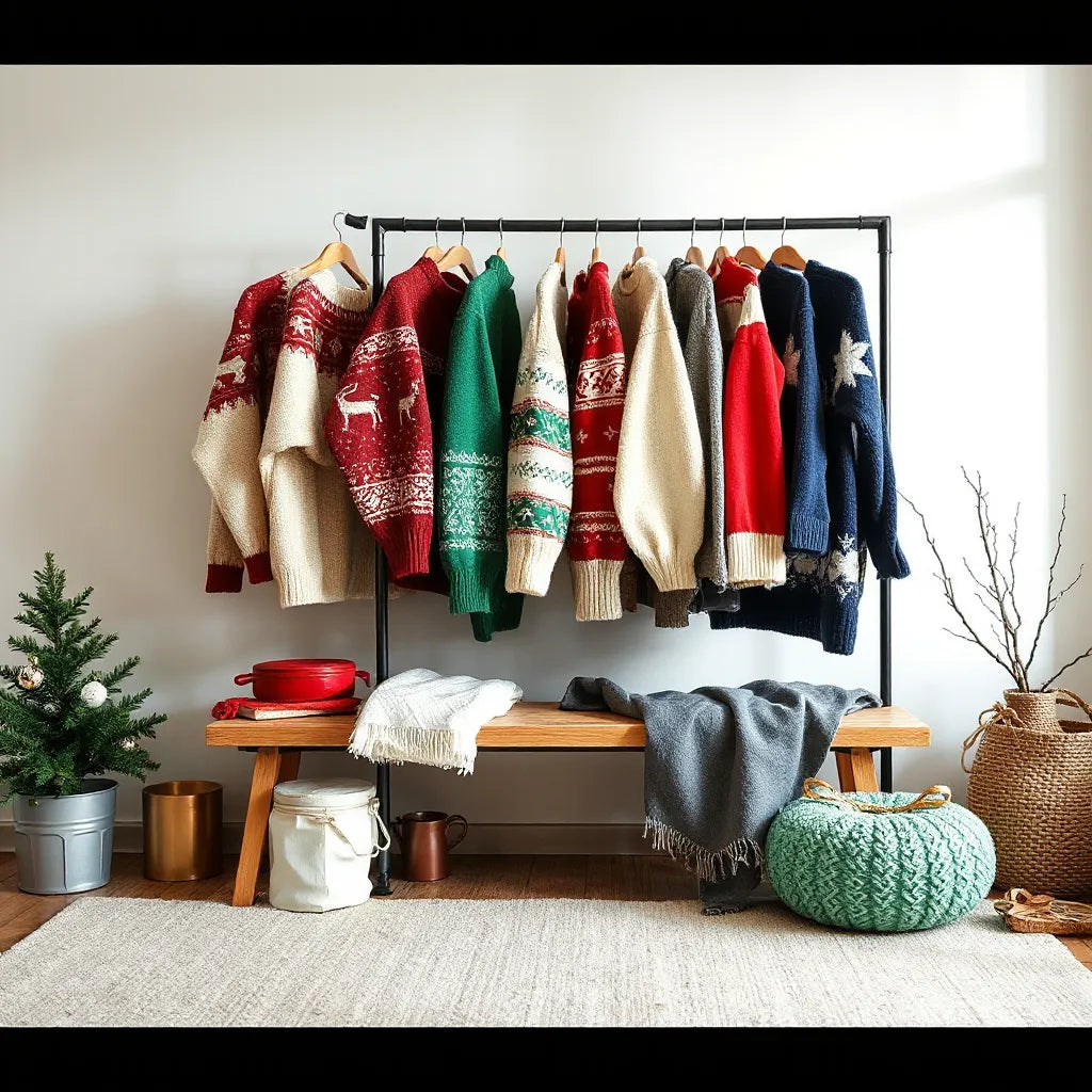 A rack of festive knit Christmas sweaters in varied colors and patterns arranged in a cozy room