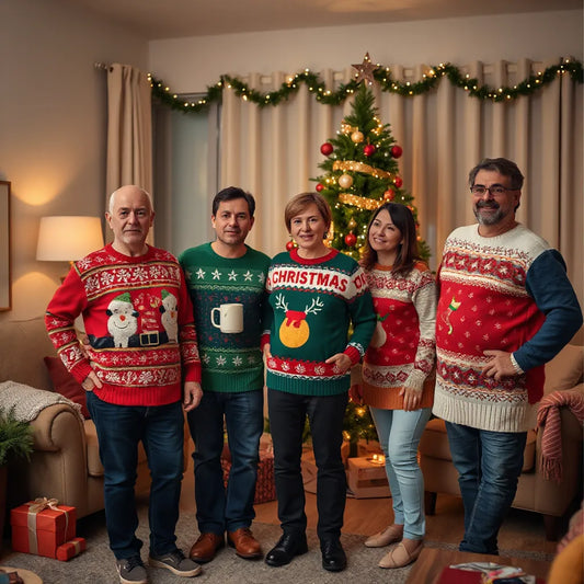 Adults wearing colorful, quirky knitted ugly Christmas sweaters beside a decorated tree and wrapped gifts