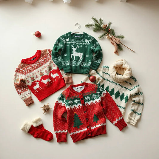 Women’s Christmas sweaters with knit textures, festive patterns, and winter accessories arranged for a cozy holiday look