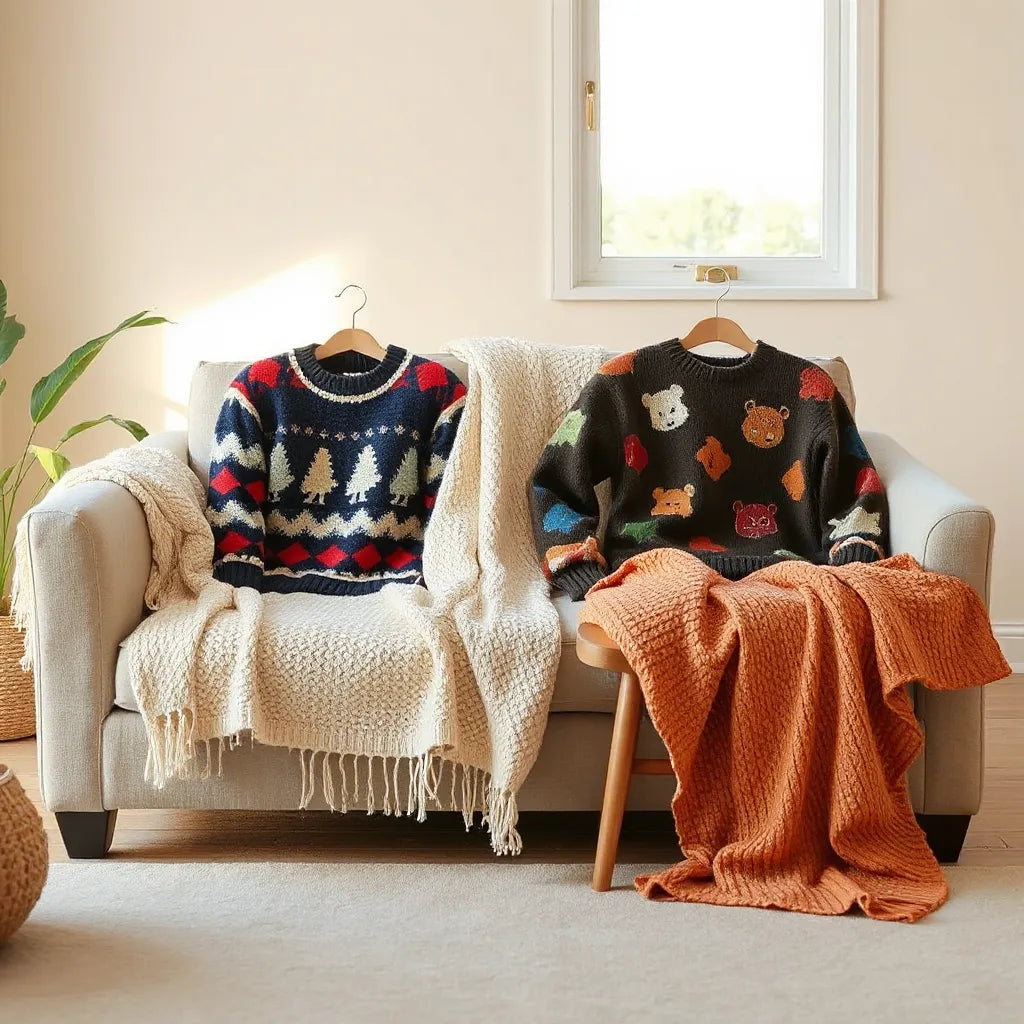 Colorful playful knit sweaters displayed on a sofa and chair in a cozy living room