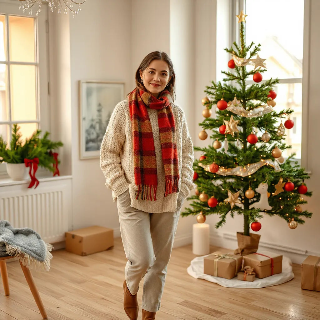 Person in a festive knit sweater and scarf near a decorated Christmas tree with warm holiday lights