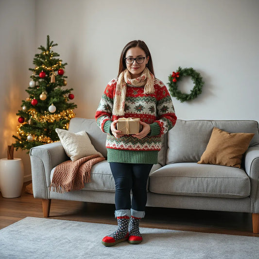 Person in playful festive sweater and scarf with warm holiday decor in the background