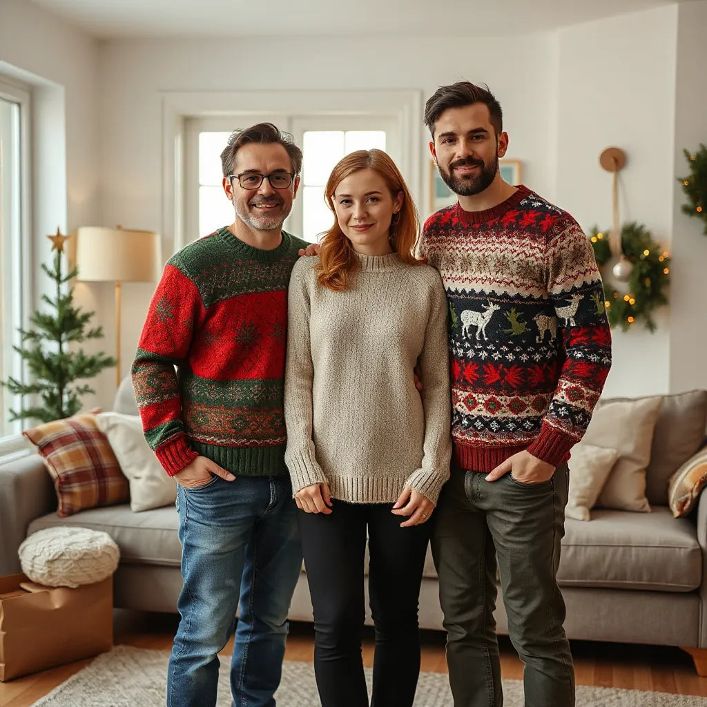 People wearing different Christmas sweater styles in a cozy living room with warm holiday lights
