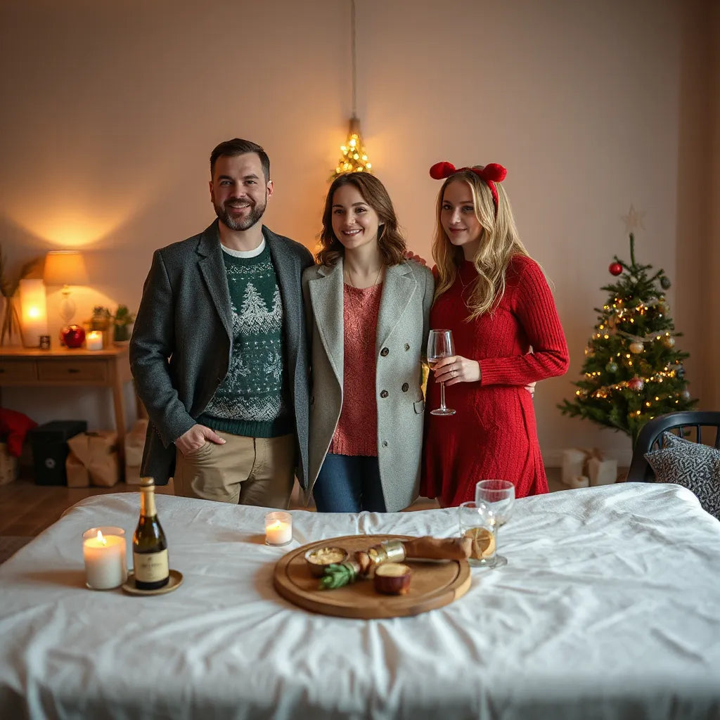 Friends in festive sweaters and holiday outfits preparing for a Christmas party under warm lights